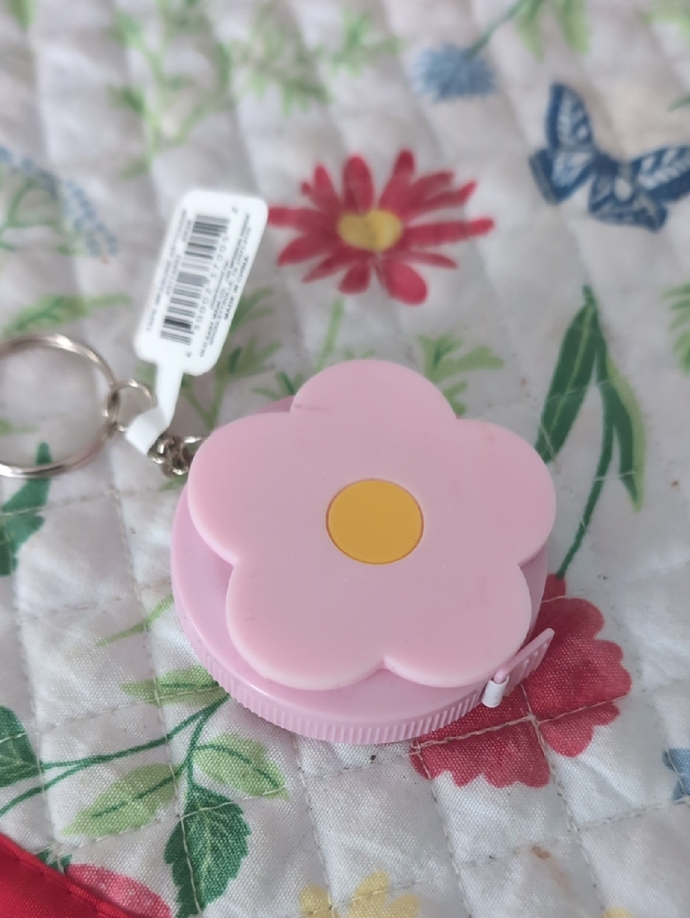 Pink Flower Keychain Tape Measure w/Yellow Center New